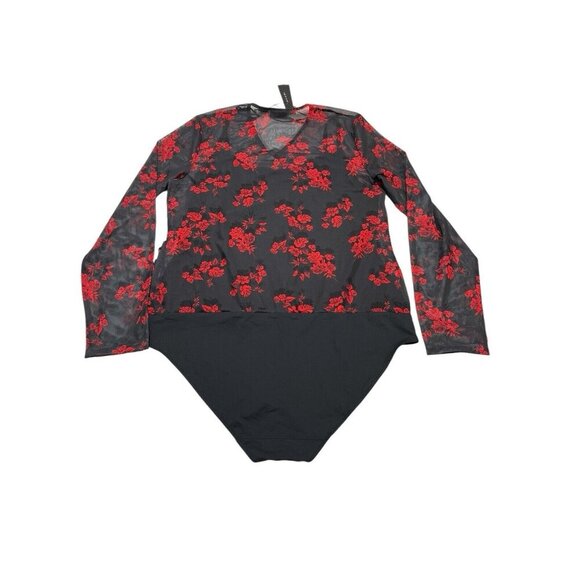 Tahari Bodysuit Women XL‎ Black Red Mesh Floral Roses Surplice Witchy Whisigoth - Picture 2 of 10
